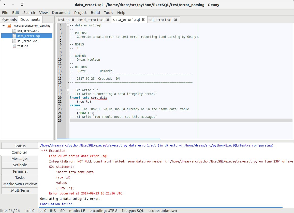 An execsql error displayed in Geany